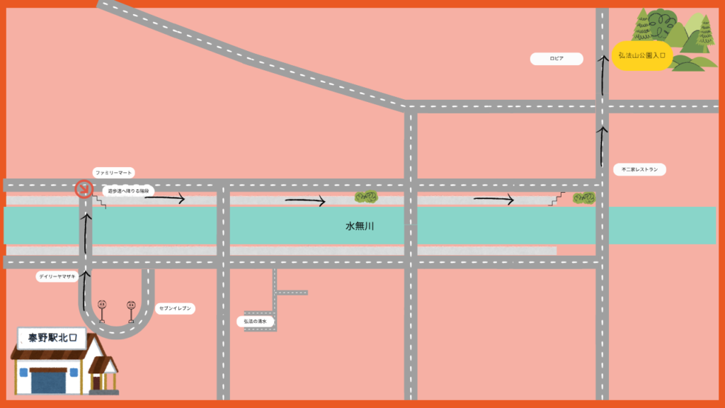 秦野駅北口から弘法山公園入口までの経路図